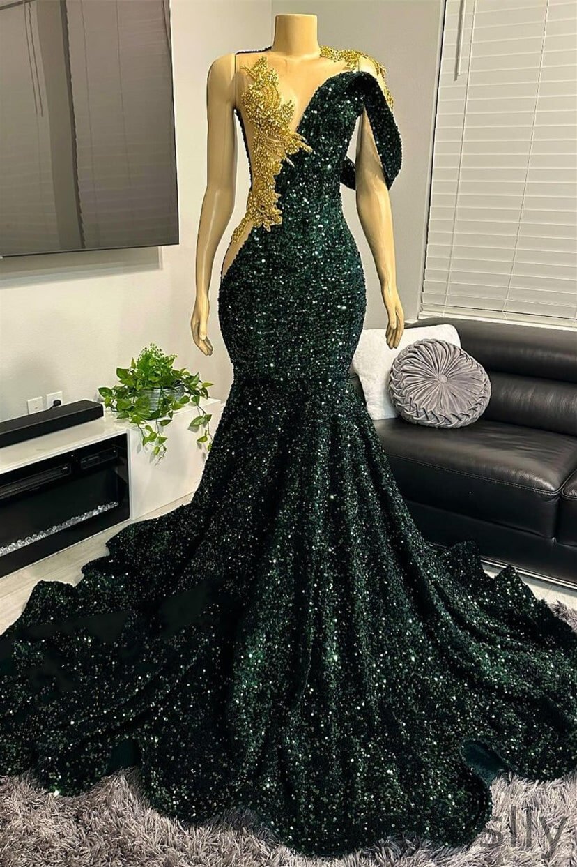 Luluslly Dark Green Scoop Off-the-Shoulder Mermaid Prom Dresses With Sequins Beadings