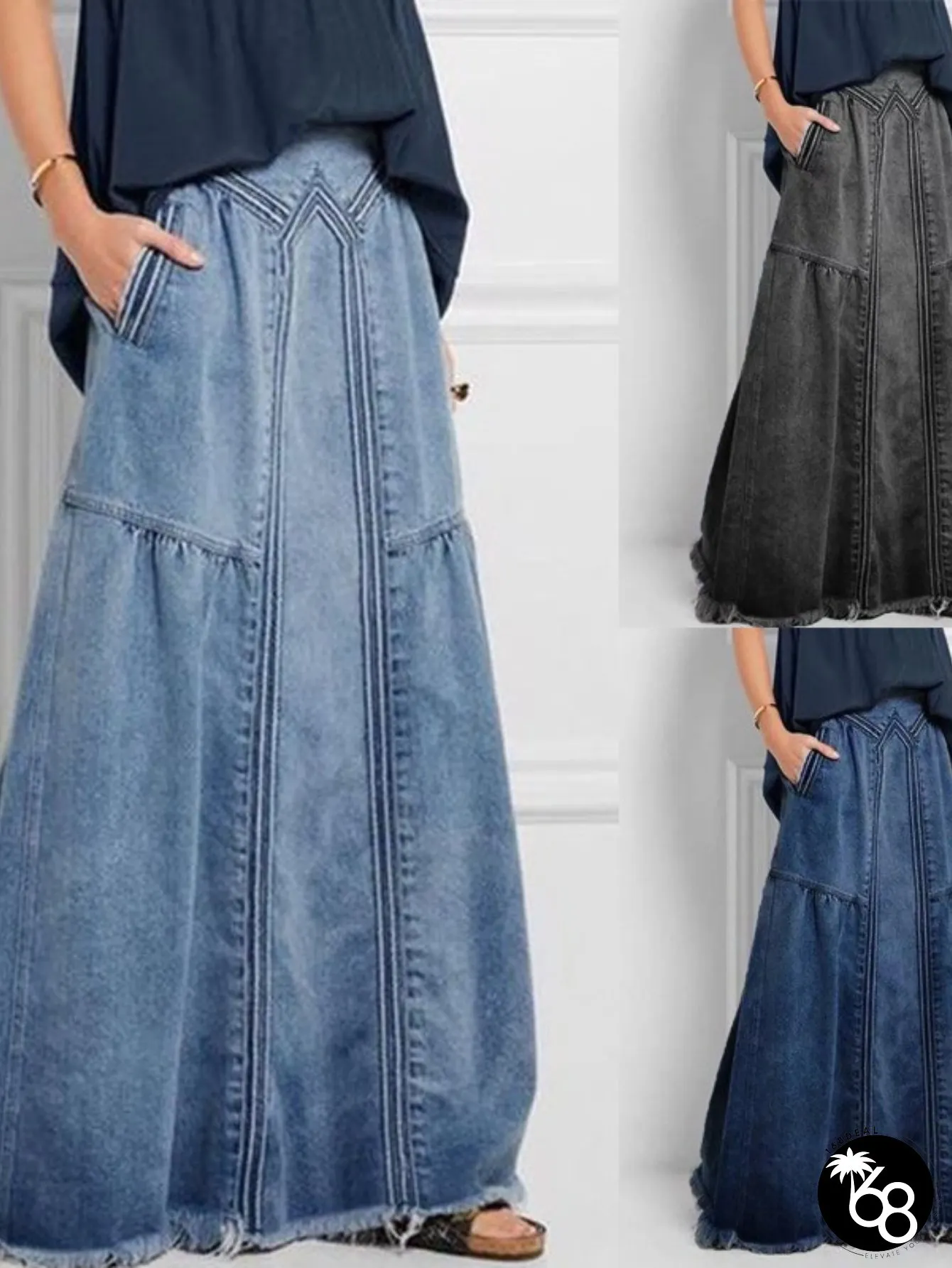 Womens High-Waisted-Wash Distressed Denim A-Line Maxi Skirt with Asymmetrical Hem | 168DEAL