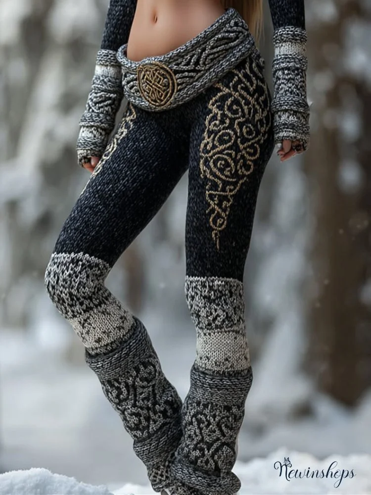 Viking Style Celtic Knot Flat Embroidered Leggings