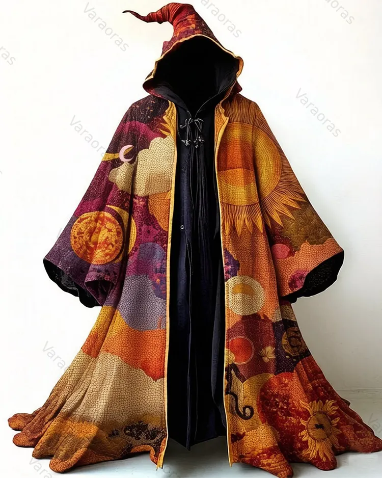Men's fashionable hippie star and moon print cotton linen hooded cape  1085