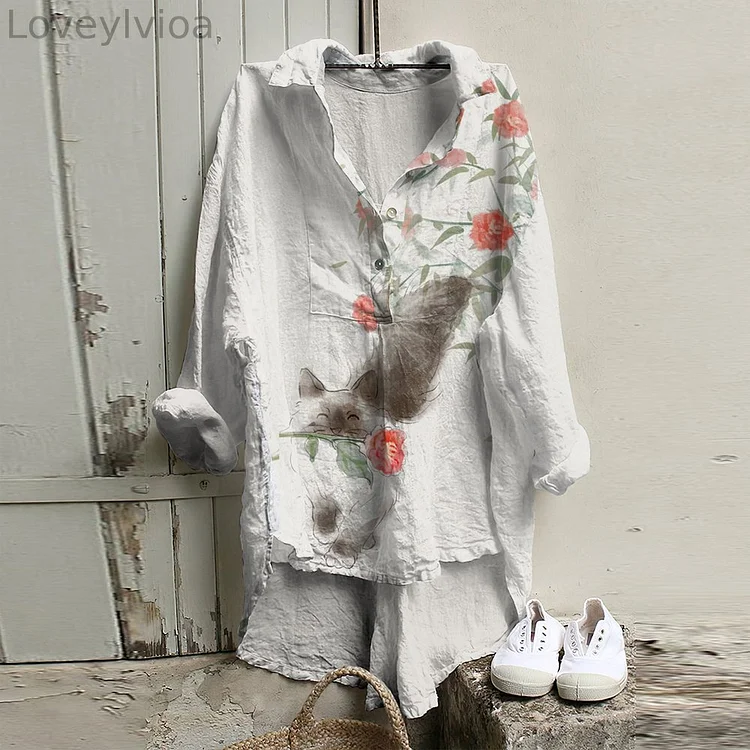 Vintage Cat with Flower Art Cotton Linen Button V Neck Casual Shirt