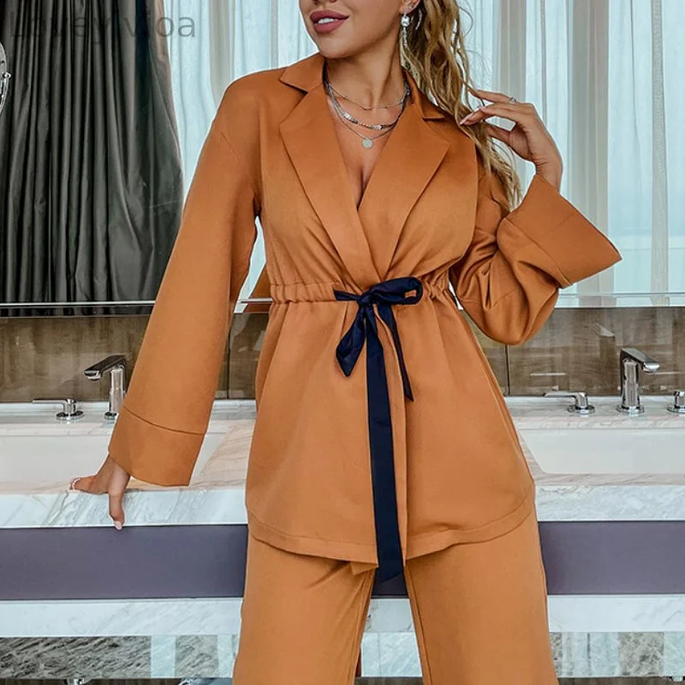 Casual Solid Color Suit Collar Lace-up Two-piece Set