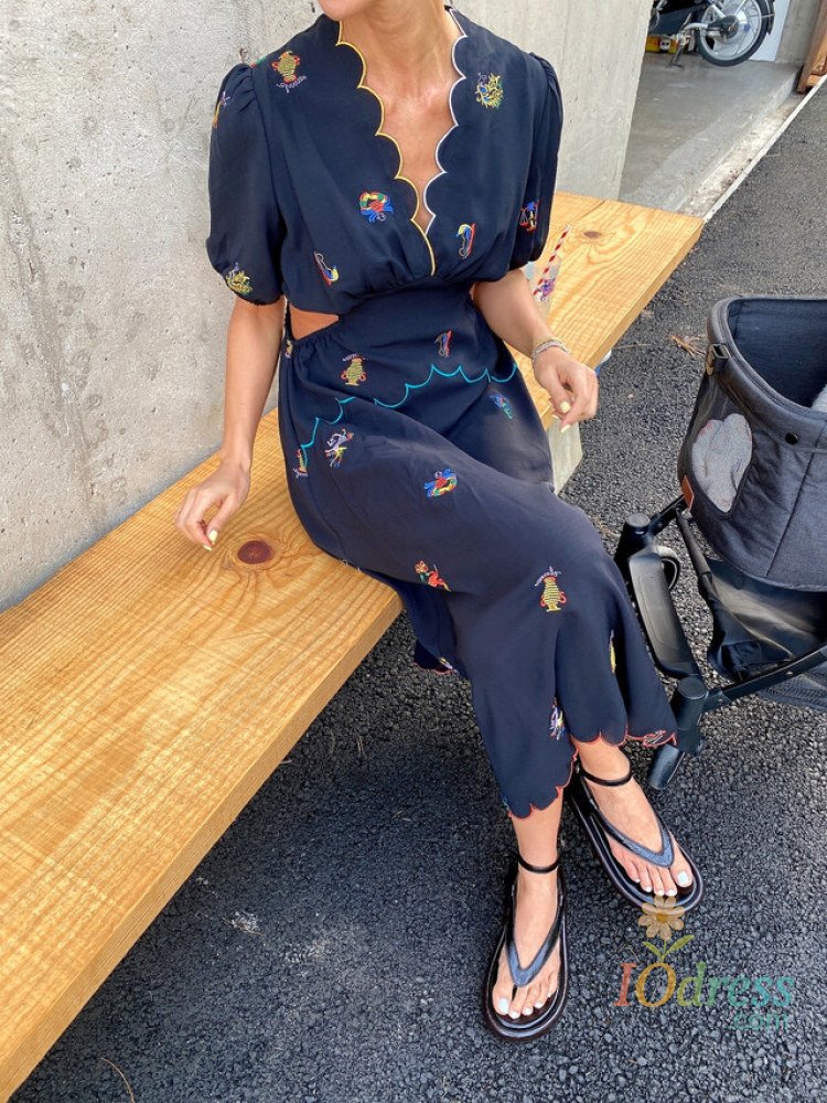 IO Dress Women's Summer Vintage Long Embroidery Flower Chiffon Dress Hollow Out Waist Curvy V Neck Midi Sundress Korea Style IO Dress