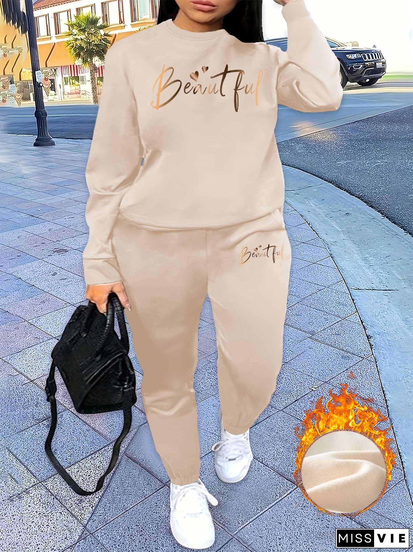 [Women's Set] Letter Print Two Piece Set, Crew Neck Sweatshirt & Pants, Women's Clothing