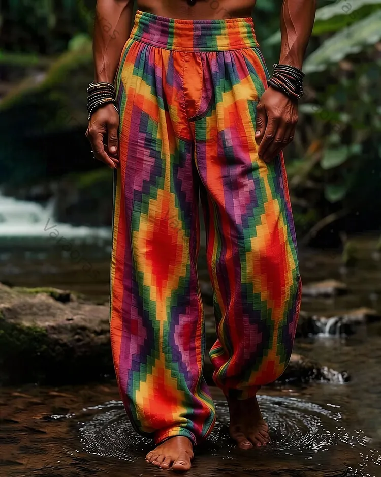 Men's Music Festival-Themed Colorful Diamond-Print Trousers 5291