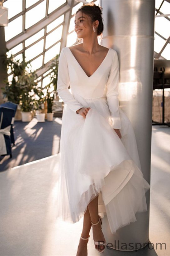 Bellasprom Long Sleeves V-Neck Short Wedding Dress Satin With Pearls Button Back Bellasprom