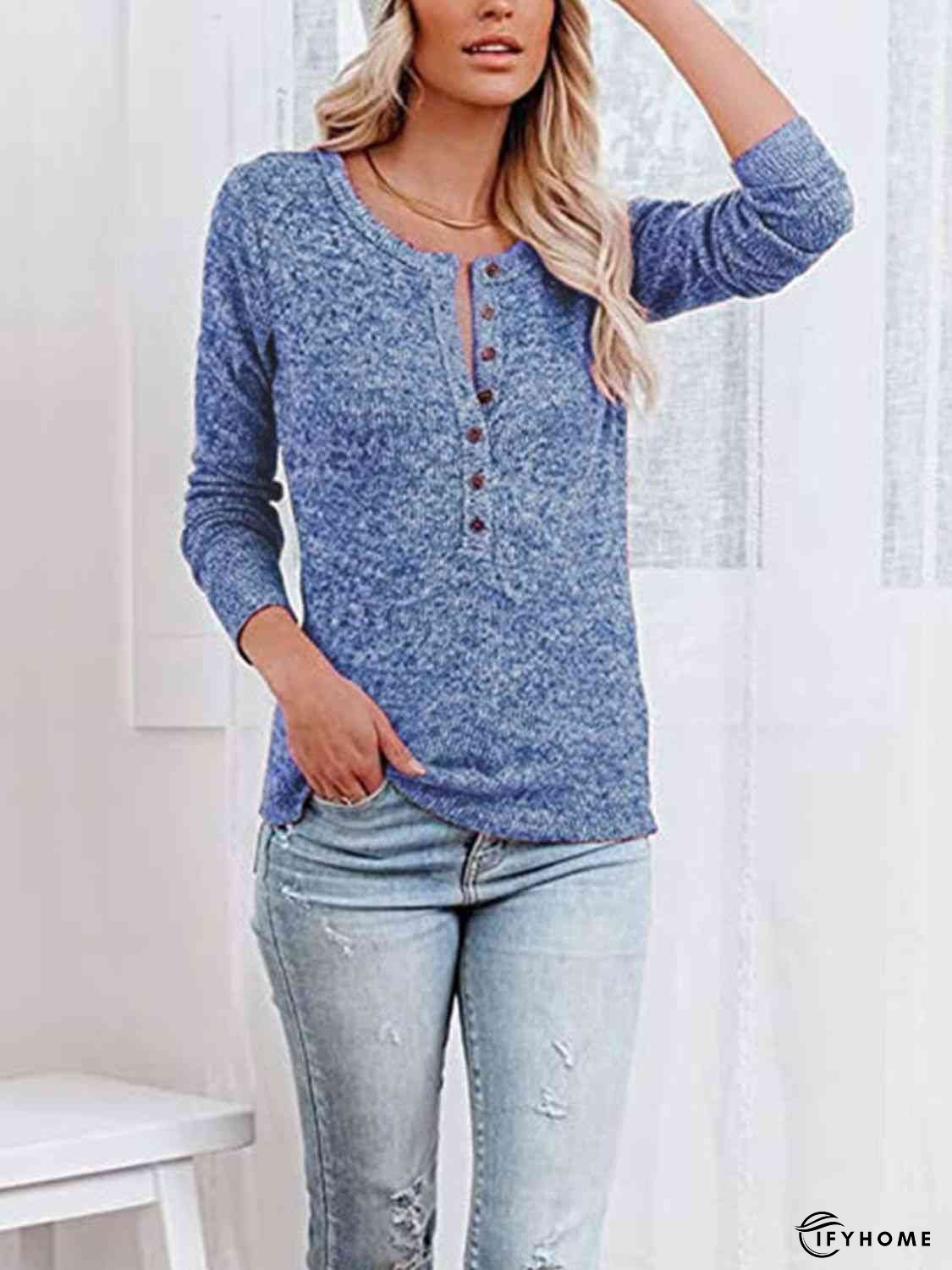 Round Neck Buttoned Long Sleeve T-Shirt | IFYHOME