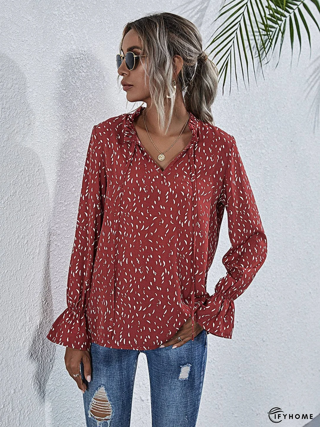 Ruffle Stand Tie Neck Top | IFYHOME