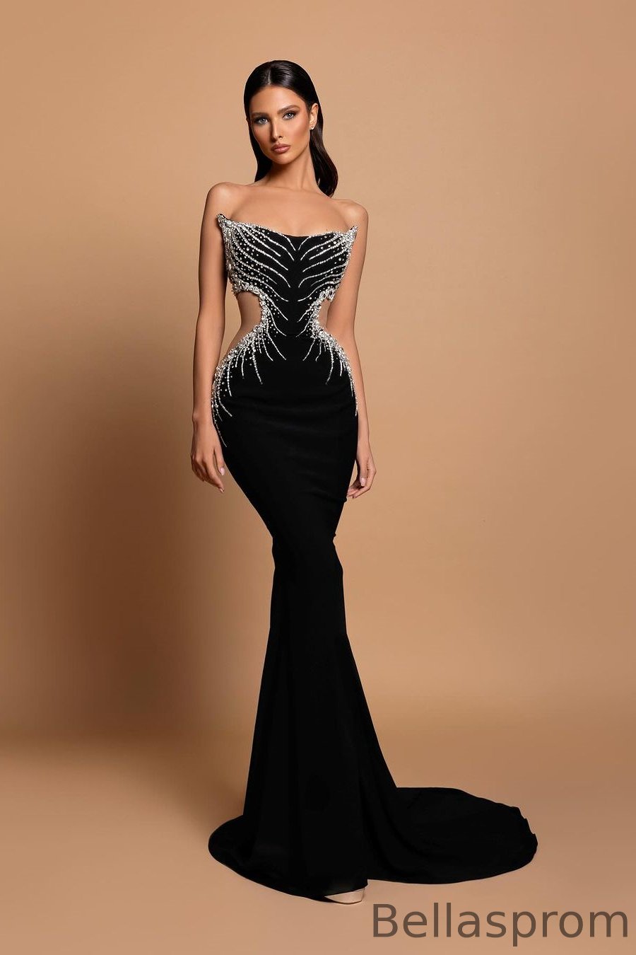 Bellasprom Black Strapless Sleeveless Mermaid Prom Dress With Beadings Bellasprom