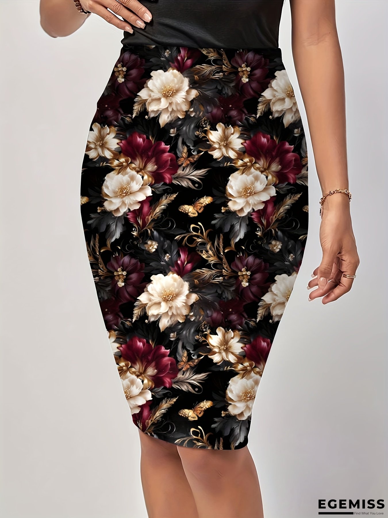 Elegant High-Waist Floral Print Midi Skirt for Women - Vintage-Inspired, Fit, Asymmetrical Design, Black & Golden Floral Pattern, Perfect for Spring/Summer, Cute Skirts | EGEMISS