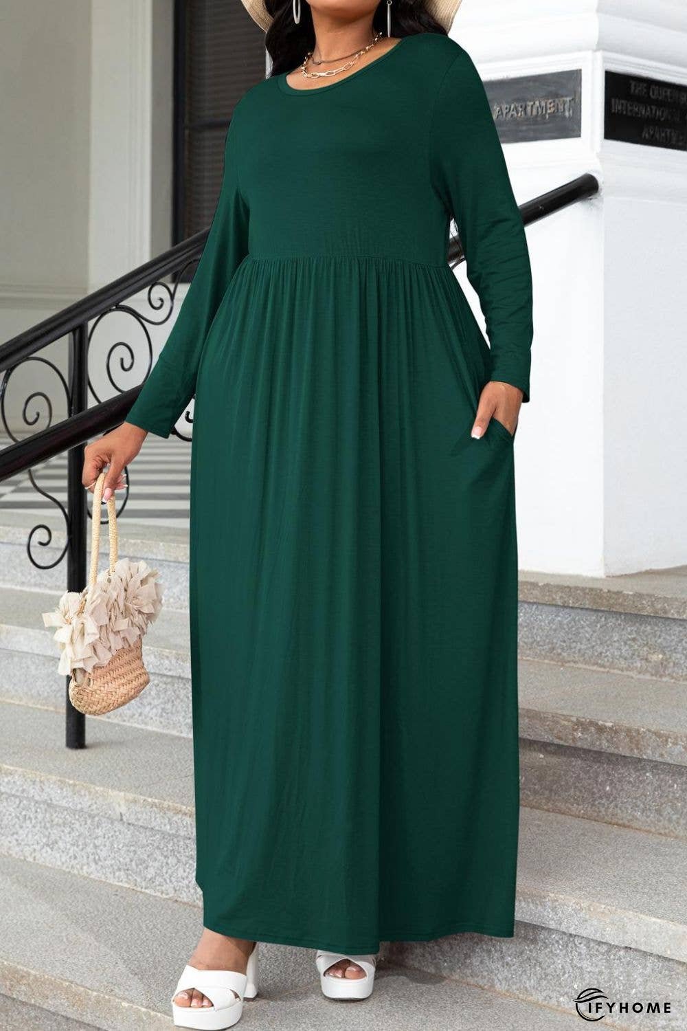 Plus Size Round Neck Long Sleeve Maxi Dress with Pockets | IFYHOME