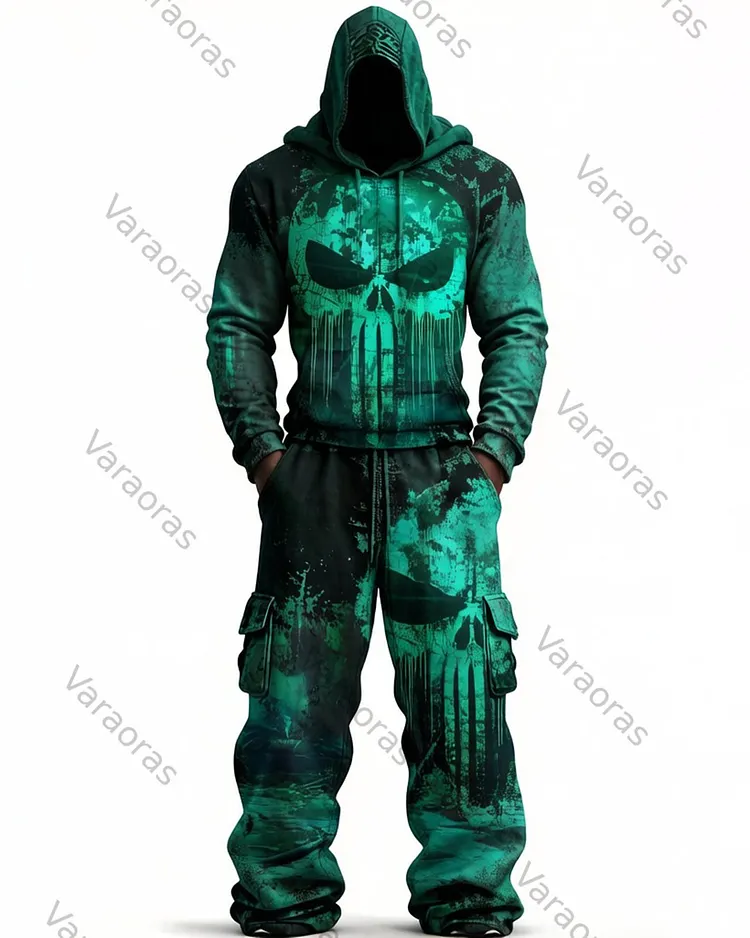 Men's Fashion Skull Contrast Color Embroidered Hoodie & Pants Two-Piece Set 2799