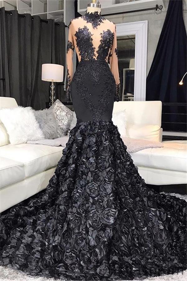 Bellasprom Black Mermaid Appliques Prom Dress With Flowers Bottom Long Sleeves Bellasprom