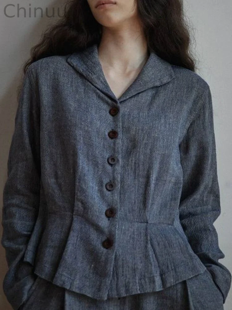 Navy Blue Linen Pleated Blouse