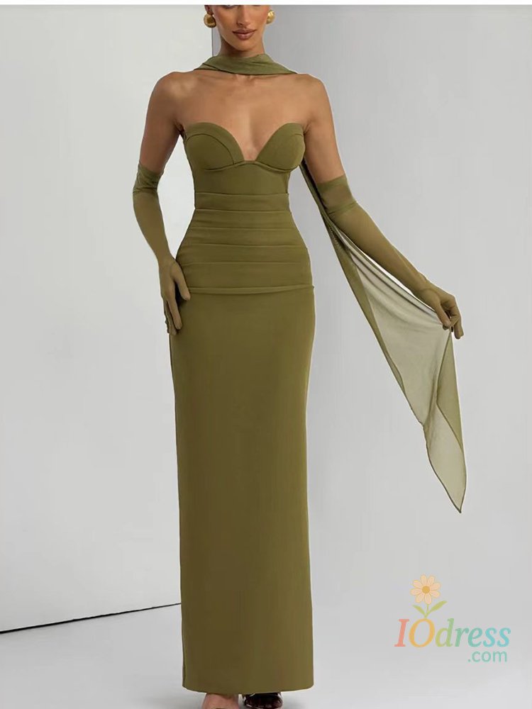 IO Dress Elegant Strapless Solid Color A-line Dress 2025 Ribbon Backless Wrap Hips Long Dress Sexy Off Shoulder Bodycon Women Party Dress