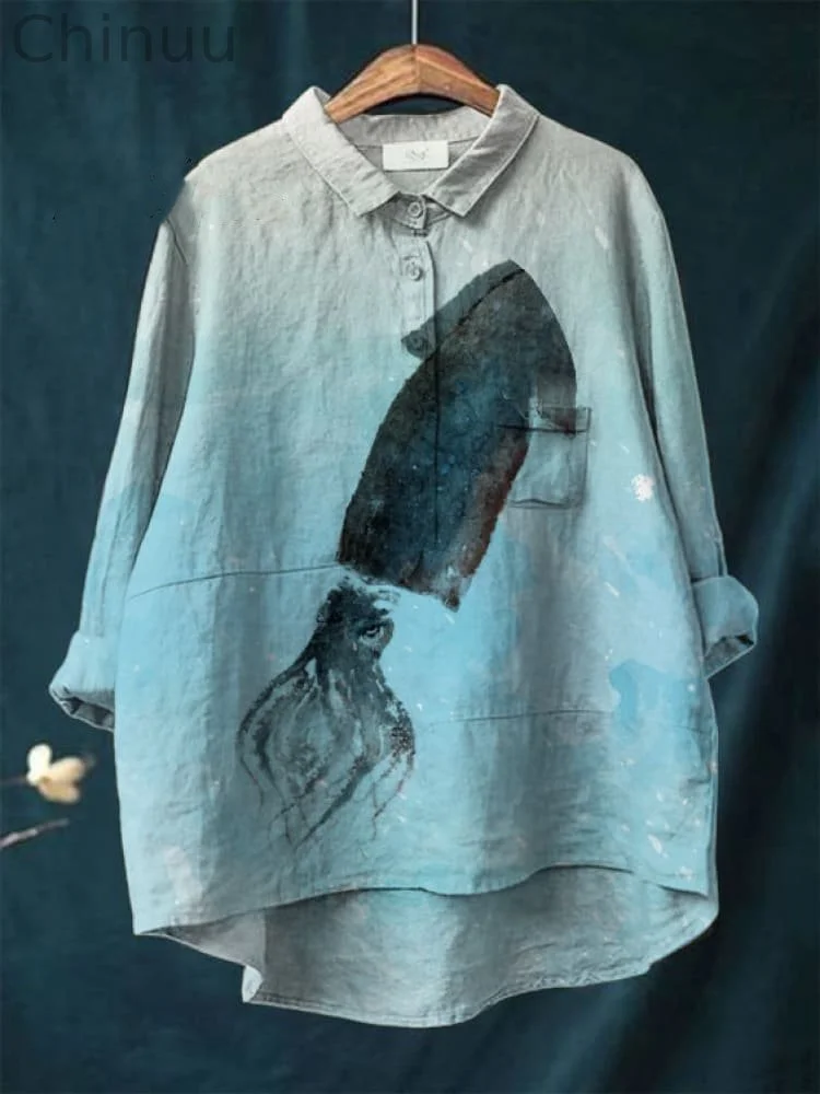 Vintage Japanese Octopus Pattern Art Print Casual Cotton And Linen Shirt