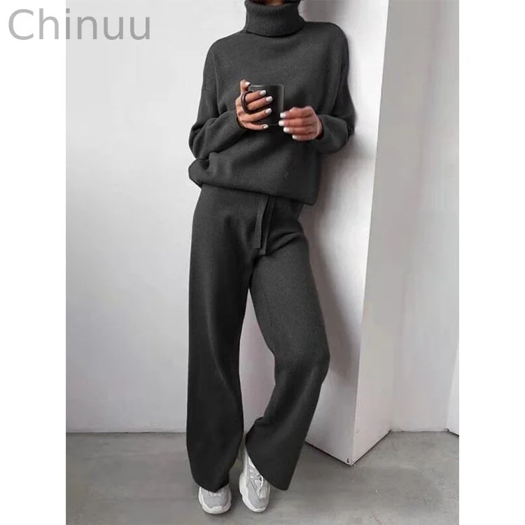 Turtleneck Solid Color Sweater Knit Set