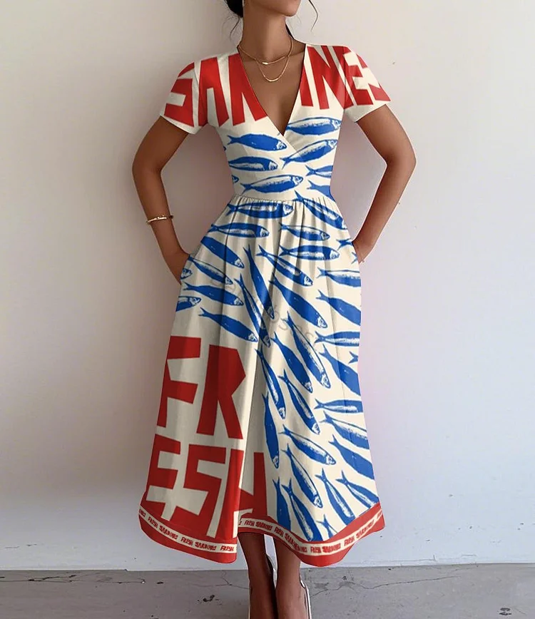 Retro Elegant Sardine Print V-Neck Short Sleeve Dress