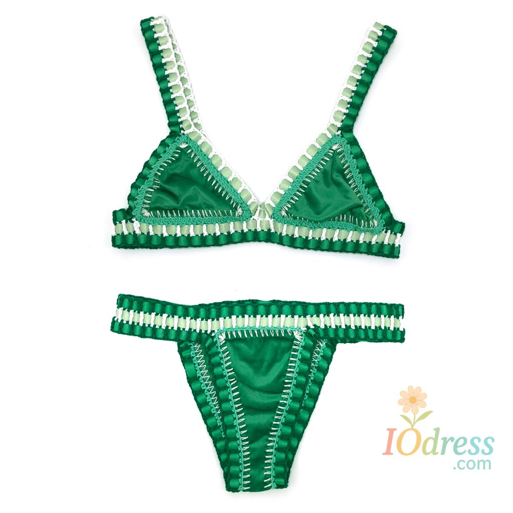 IO Dress 2024 Pink Crochet Handmade Triangle Bikini Set Women Black Velvet Bathing Suit Fashion Swimwear Boho Beachwear Green Swimsuit