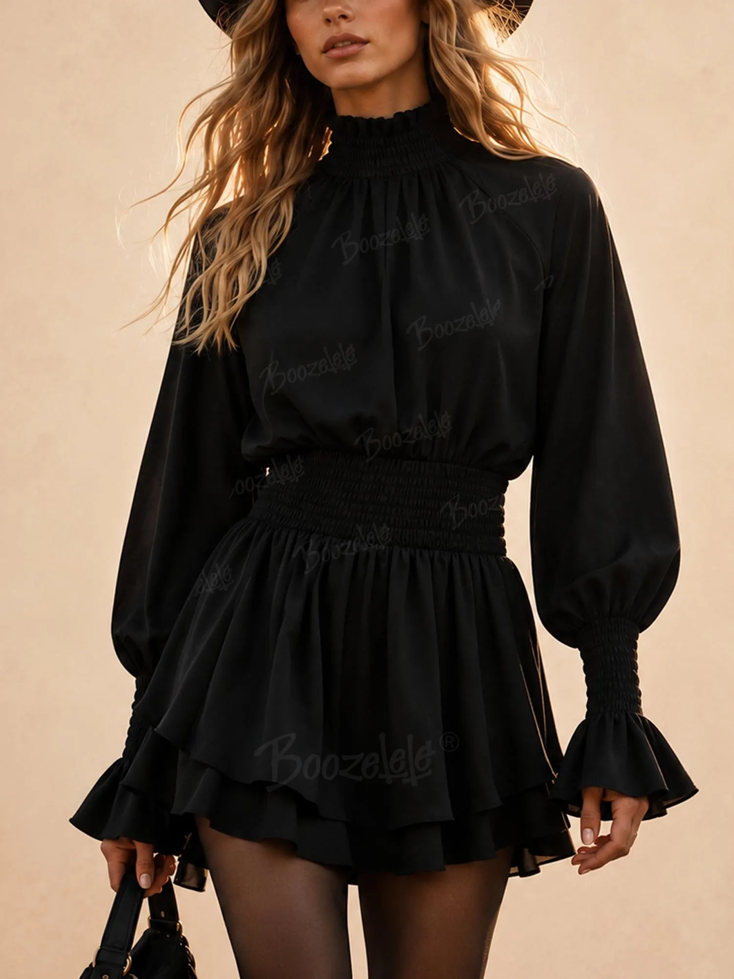 Perfect for a Sunset Music Festival &mdash; Black Long Sleeve Ruffle Trim High Neck Swing Dress