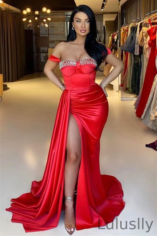 Luluslly Red Off-the-Shoulder Mermaid Prom Dress Slit Long With Ruffle