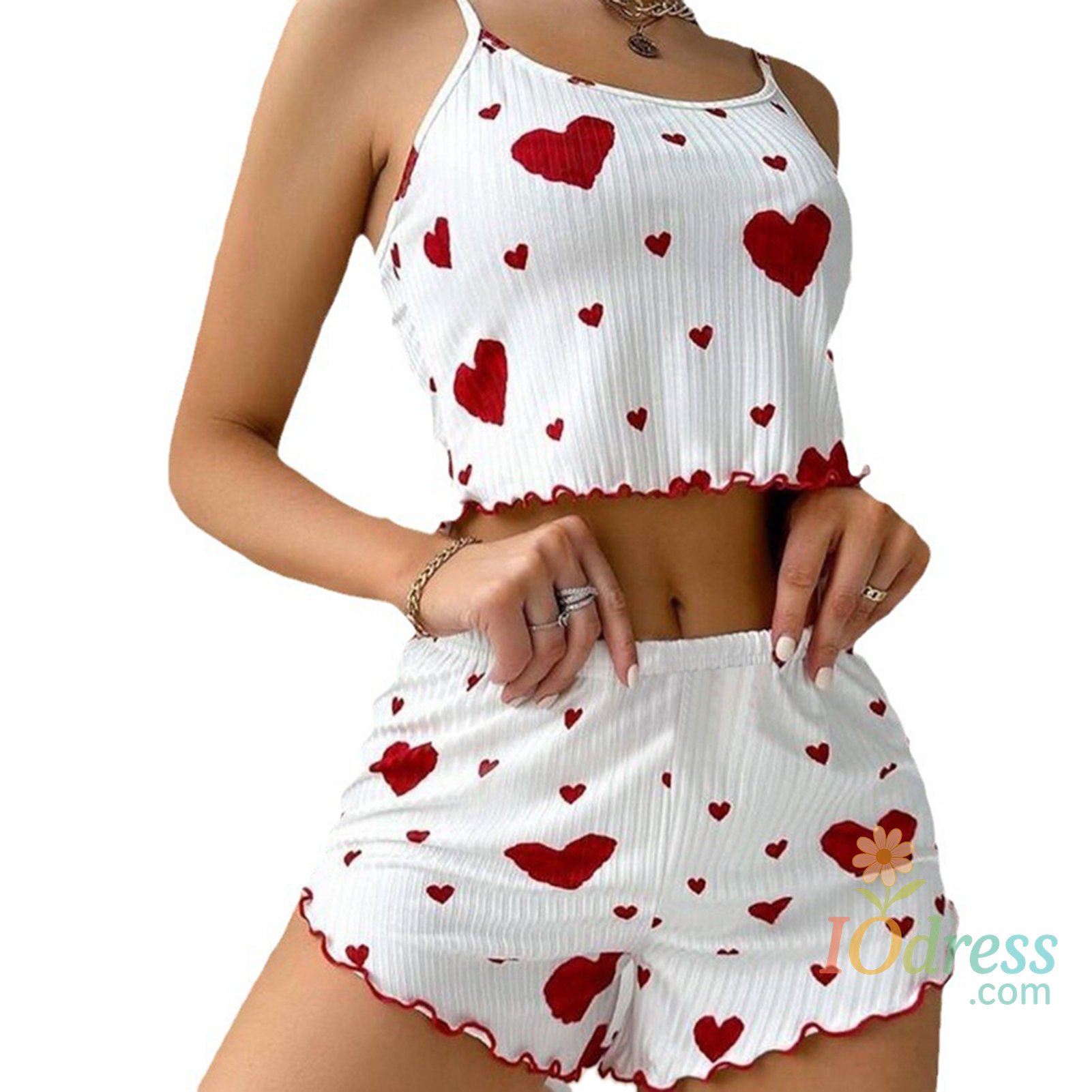 IO Dress Women's Pajamas Set Summer 2PCS Sling Vest with Shorts 2026 Newly Love Heart Print Spaghetti Strap Camisole Sleepwear for Girls