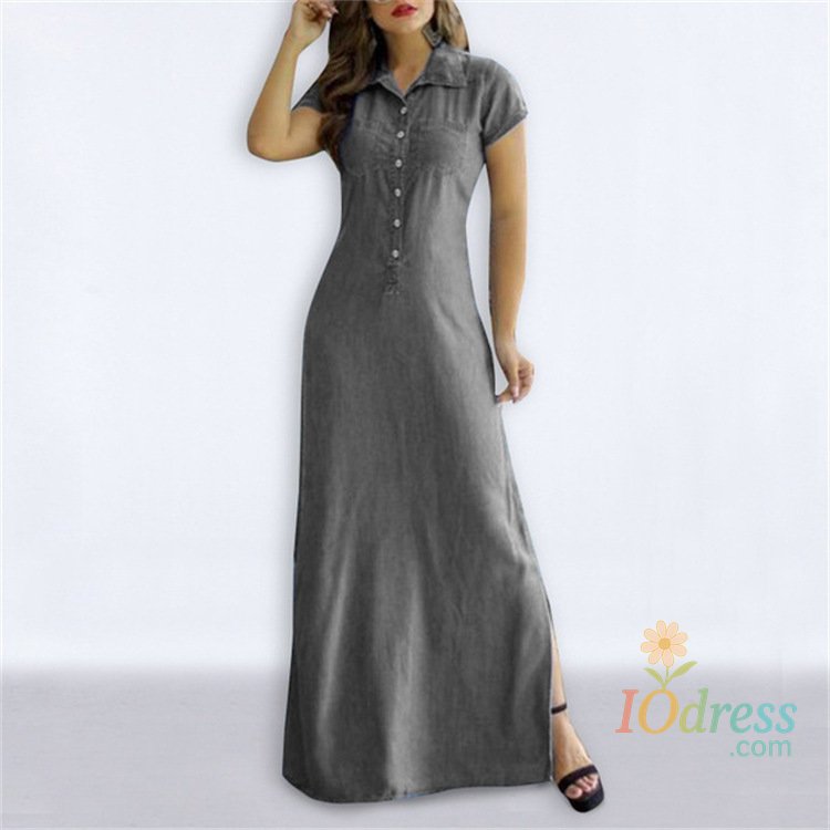 IO Dress Europe And America Cross Border New Long Dress Shirt Collar Split Pocket Large Swing Dress Large Casual Denim Dress IO Dress