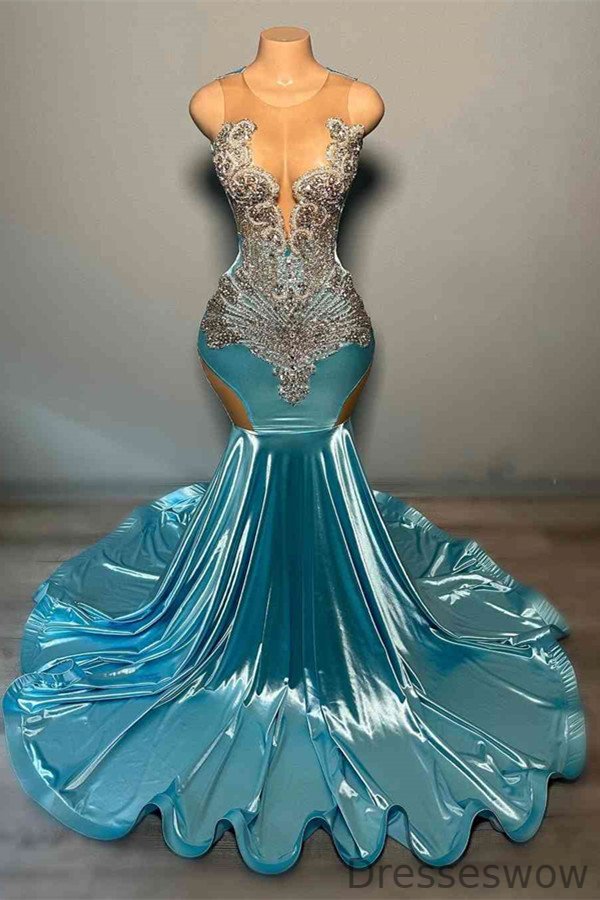 Dresseswow Sky Blue Sleeveless Scoop Prom Dress Mermaid Long With Beads