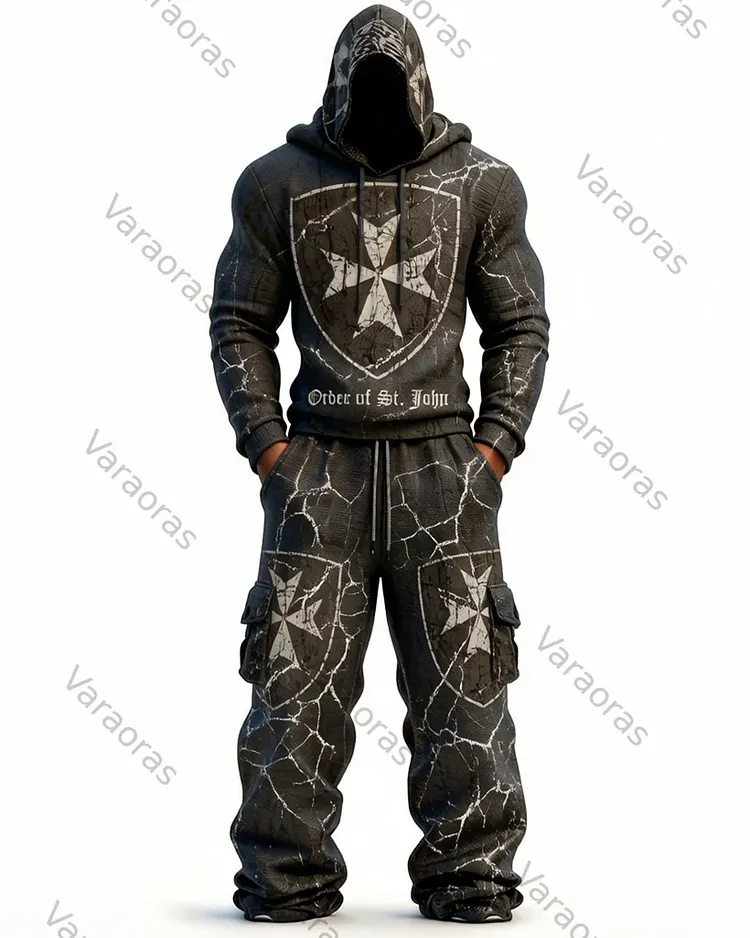 Men's Color-Blocked Cultural Cross Embroidered Distressed Hoodie and Pants Two-Piece Set 8830