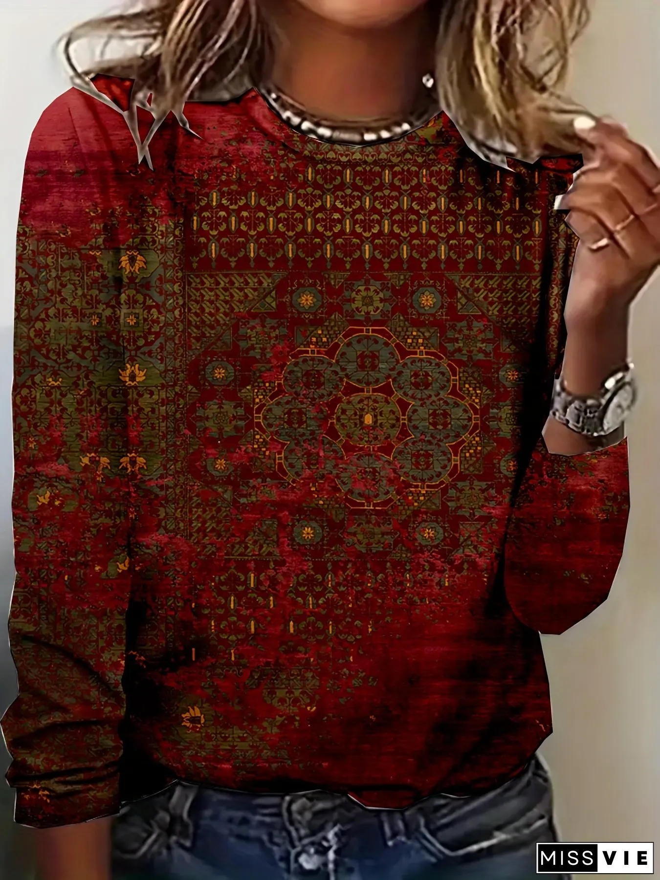 Vibrant Floral Graphic Print Sweatshirt Soft Slight Stretch Polyester Crew Neck Pullover