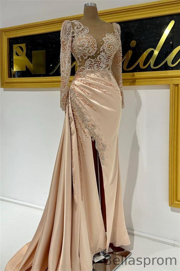 Bellasprom Champagne Scoop Long Sleeves Mermaid Prom Dress With Split Ruffles Beadings Pearls Bellasprom