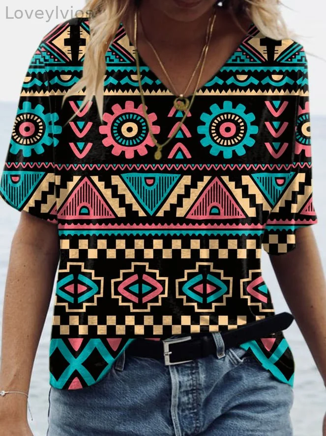 Women's Retro Geometric Print Casual T-Shirt