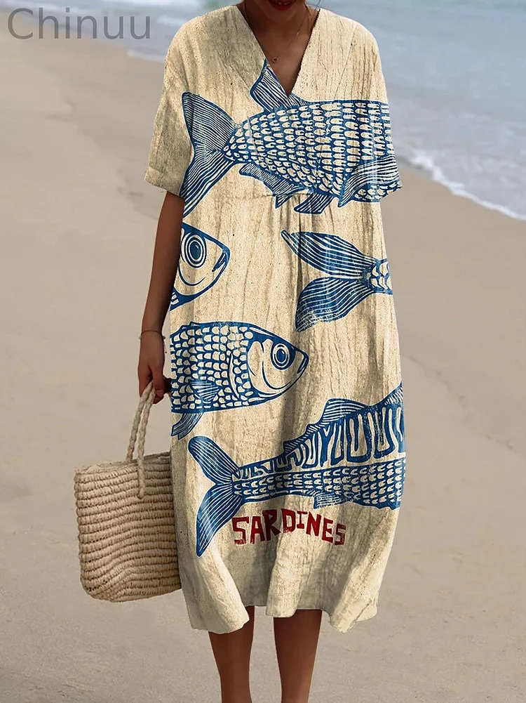Women's Vintage Fish Sardines Art Print Flowy Dress
