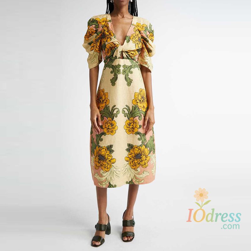IO Dress Elegant V-neck Half Sleeve Vacation Dress Fashion Twisted Hollow Out Linen Party Dress Women Casual Hight Waist Print Long Dress IO Dress