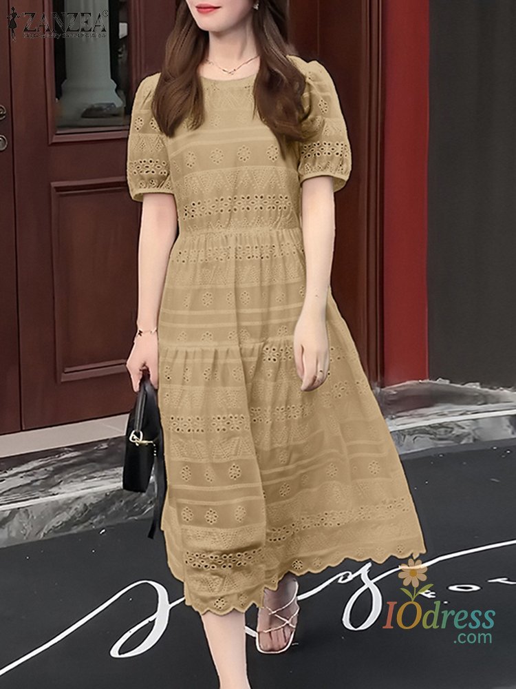 IO Dress   Summer Sundress Bohemian Holiday Vestidos Elegant Women Short Sleeve Lace Crochet Dress Embroidery Work Dress IO Dress
