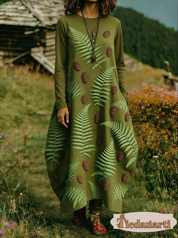 Women's Floral Print Crew Neck Long Sleeve Cotton Pocket Dress