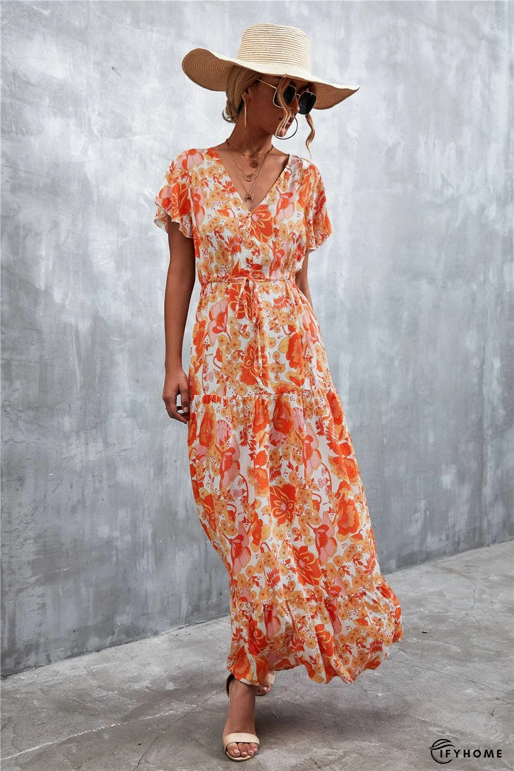 Floral Buttoned Drawstring Waist Tiered Dress | IFYHOME