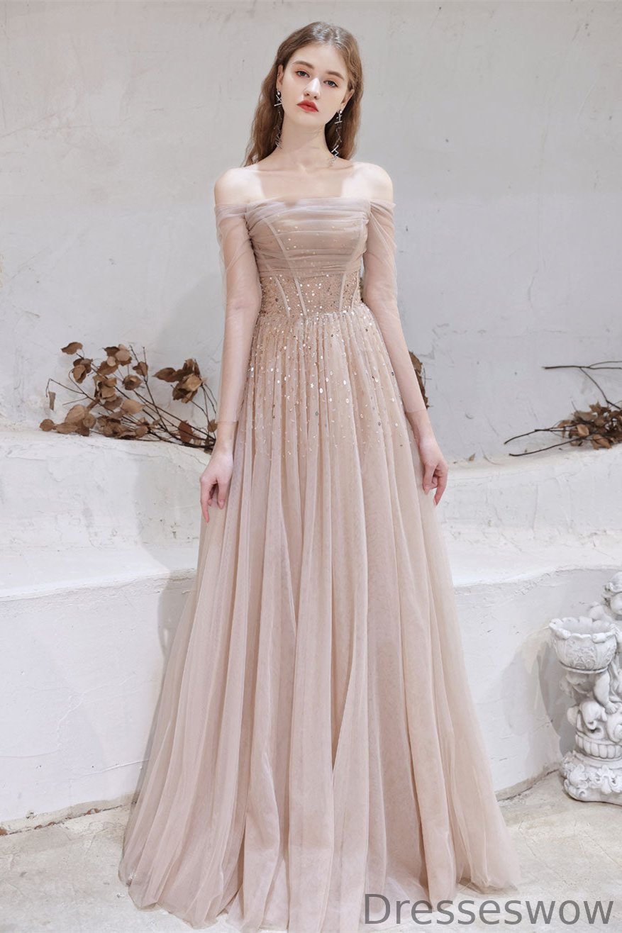 Dresseswow Sheer Long Sleeves Evening Dress Tulle Lace-up Off-the-Shoulder