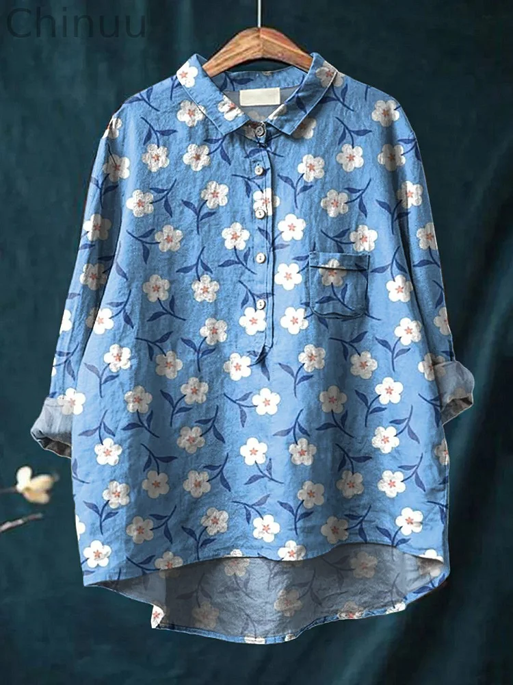 Lovely White Summer Floral Pattern Printed Women's Casual Cotton And Linen Shirt
