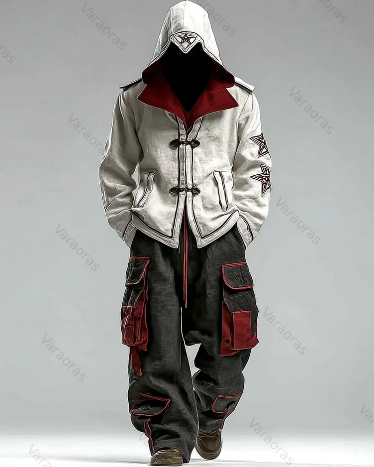 Men's Fashion Viking-Style Color-Block Pocket Hooded Top & Pants Two-Piece Set 3536