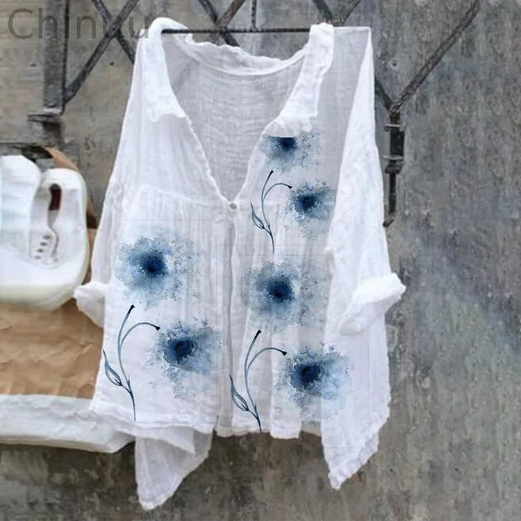 Vintage Floral Art Cotton Linen Button V Neck Casual Shirt
