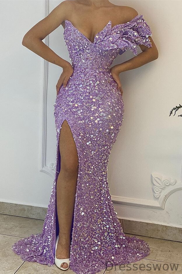 Dresseswow Lilac Off-the-Shoulder Mermaid Prom Dress Sequins Split Online
