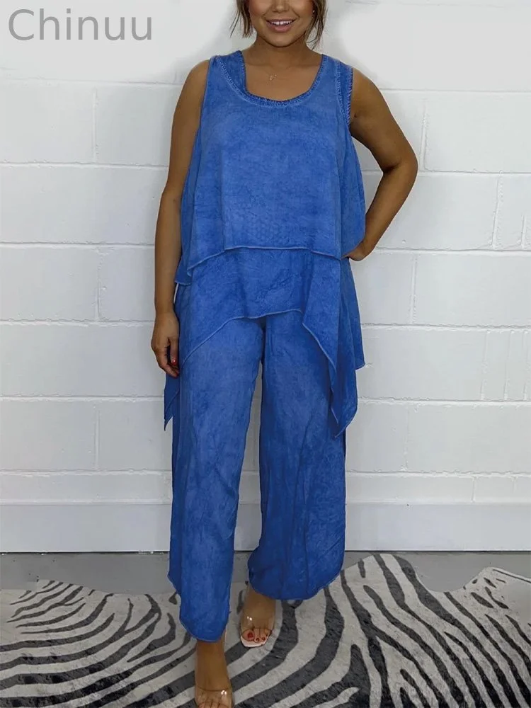 Women's Loose Casual Sleeveless Shirt And Trousers Cotton And Linen Two-Piece Suit