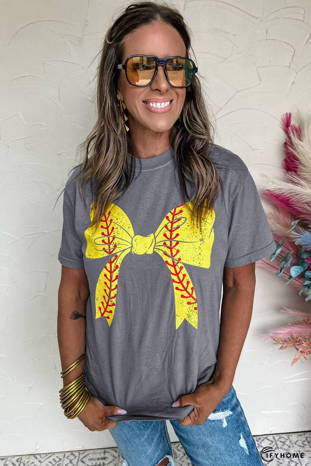 Black Baseball Bowknot Graphic Roll Up Sleeve Tee | IFYHOME