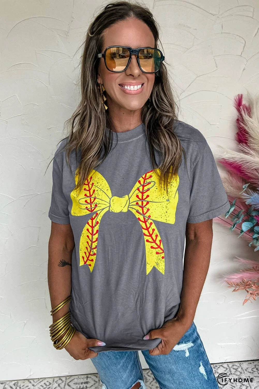 Black Baseball Bowknot Graphic Roll Up Sleeve Tee | IFYHOME