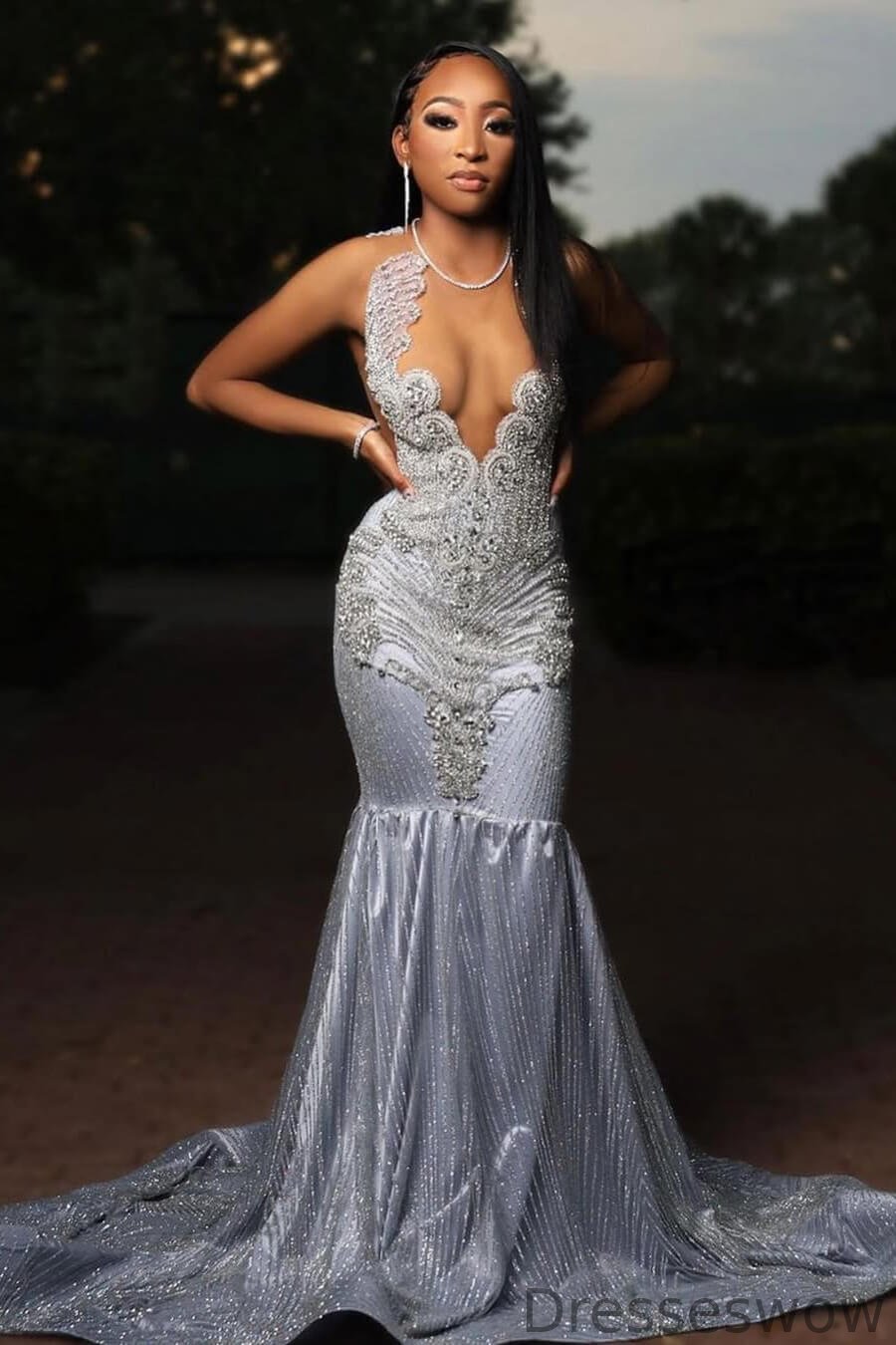 Dresseswow Silver Sleeveless Mermaid Prom Dress Scoop With Beadings