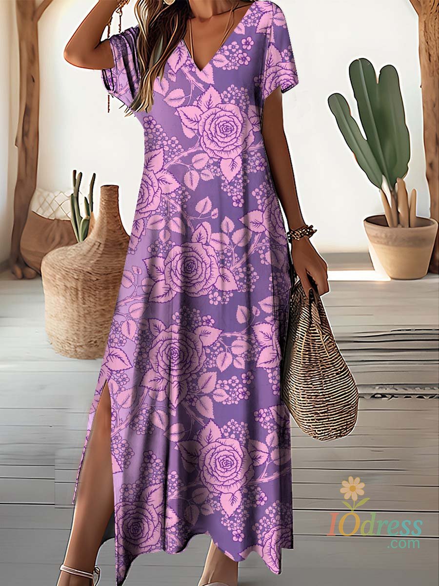 IO Dress Retro Floral Print Dresses For Women's Plus Size V-Neck Female Long Dresses Elegant Short Sleeve Dress Fashion Summer 2024 IO Dress Store