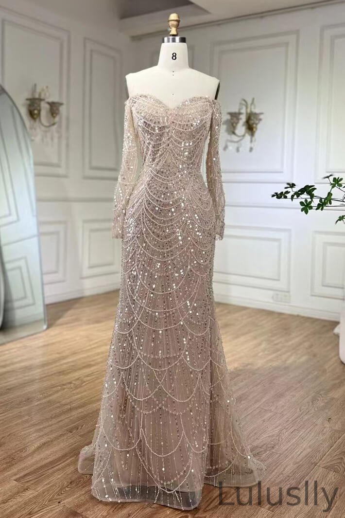 Luluslly Champagne Long Sleeves Mermaid Evening Dress With Sequins Pearls Sweetheart