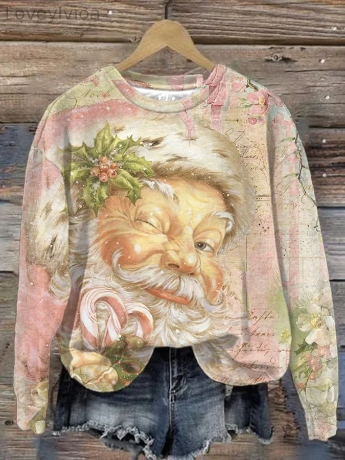 Women's Pink Vintage Santa Claus Print Crew Neck Sweatshirt