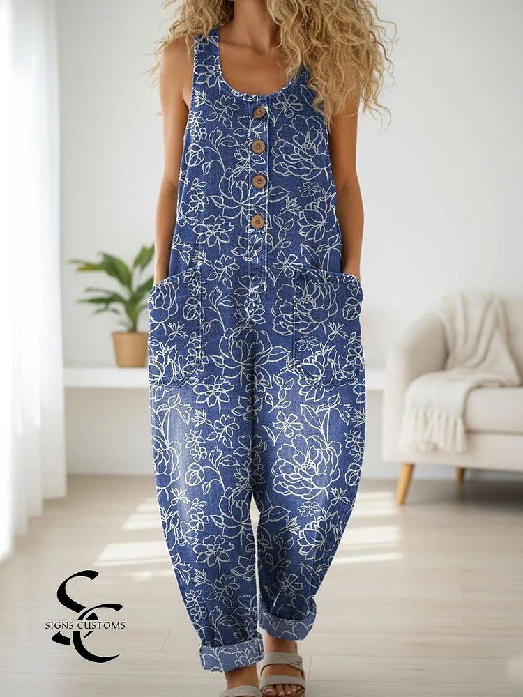Women's Flower Print Casual Denim Jumpsuit